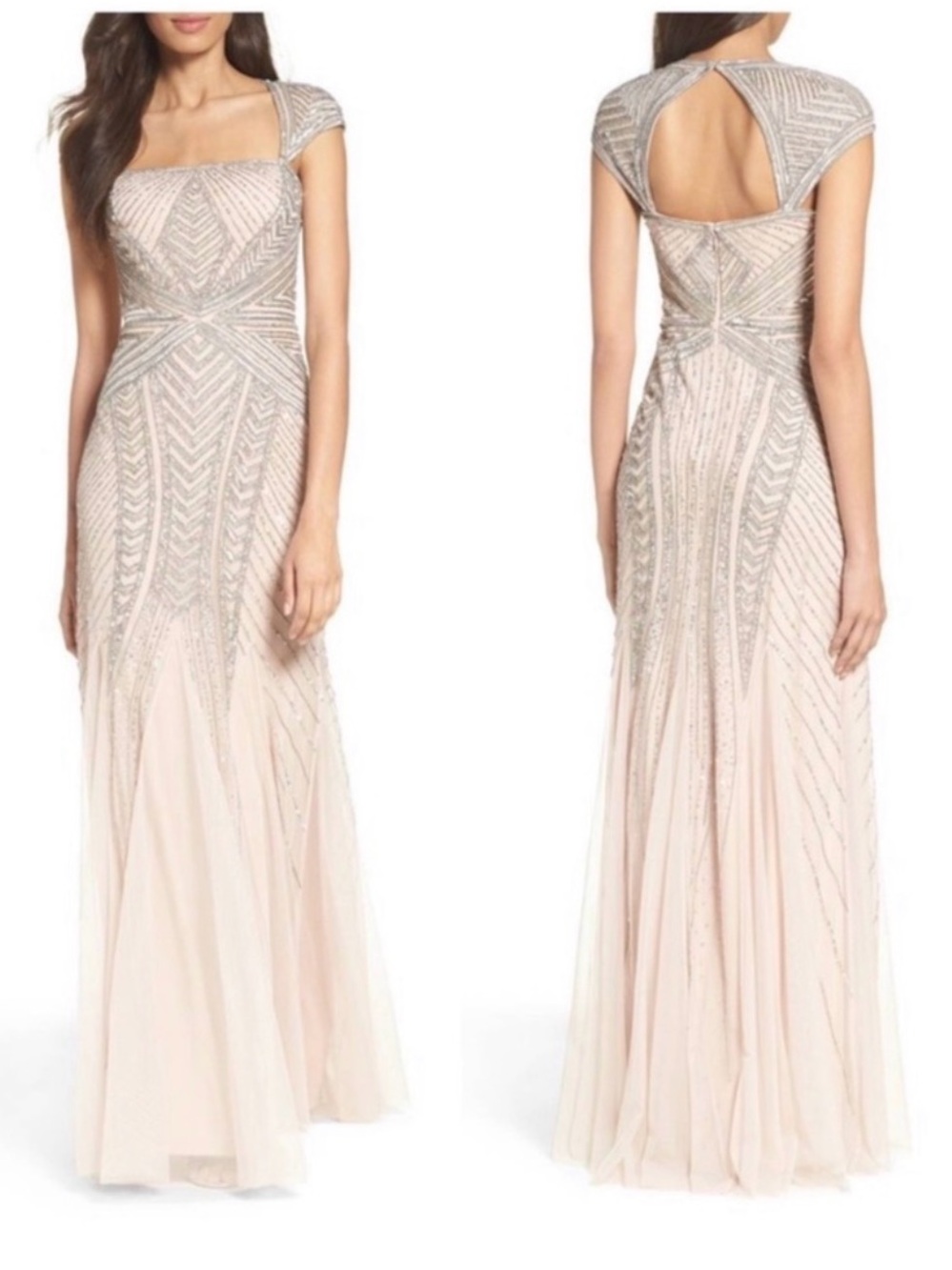 Adrianna Papell Blush Beaded Cap-Sleeve Illusion Back Gown